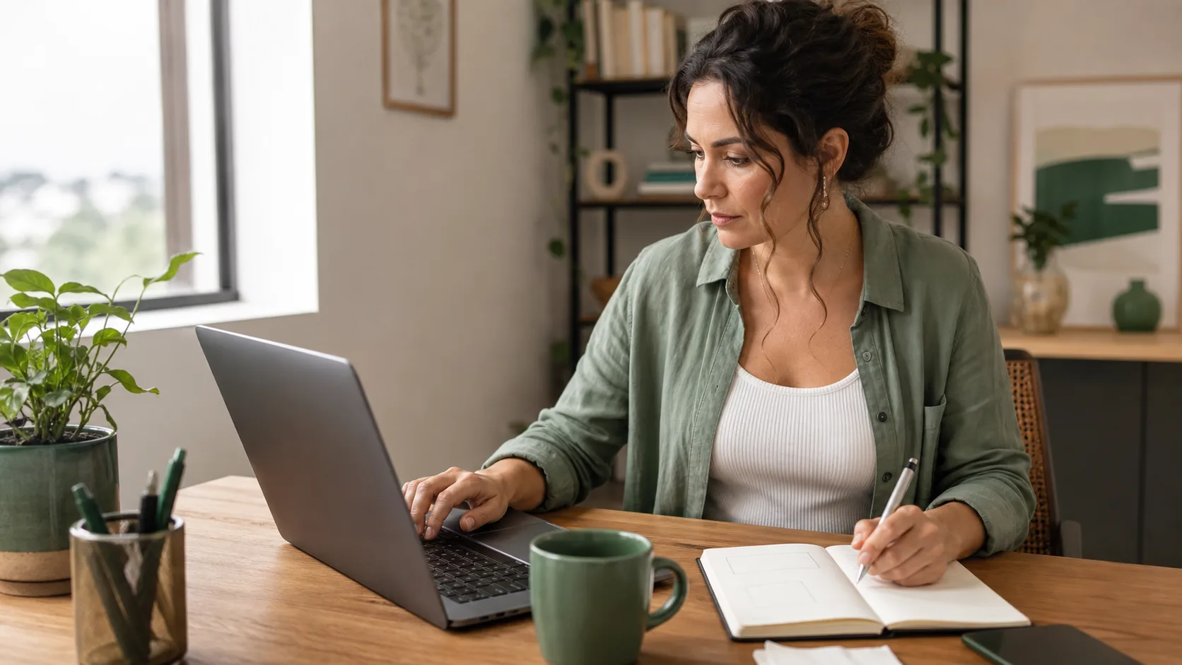 Mulher usando notebook e caderno em uma mesa de escritório doméstico
