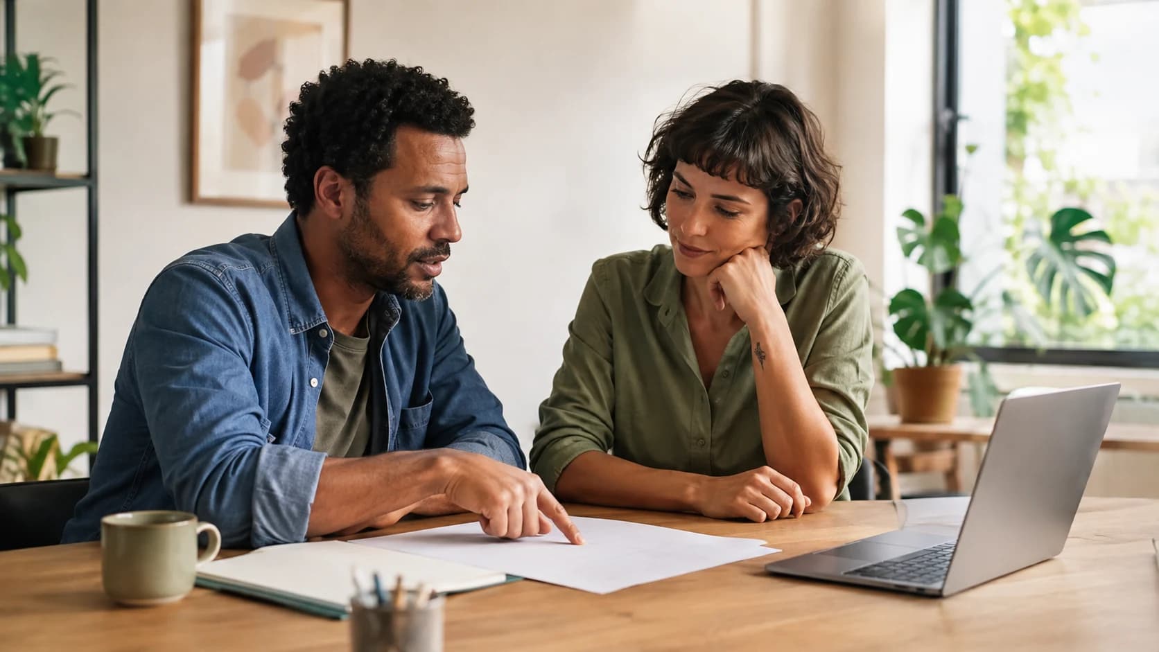 Duas pessoas fictícias revisando um acordo de prestação de serviço em uma mesa de trabalho