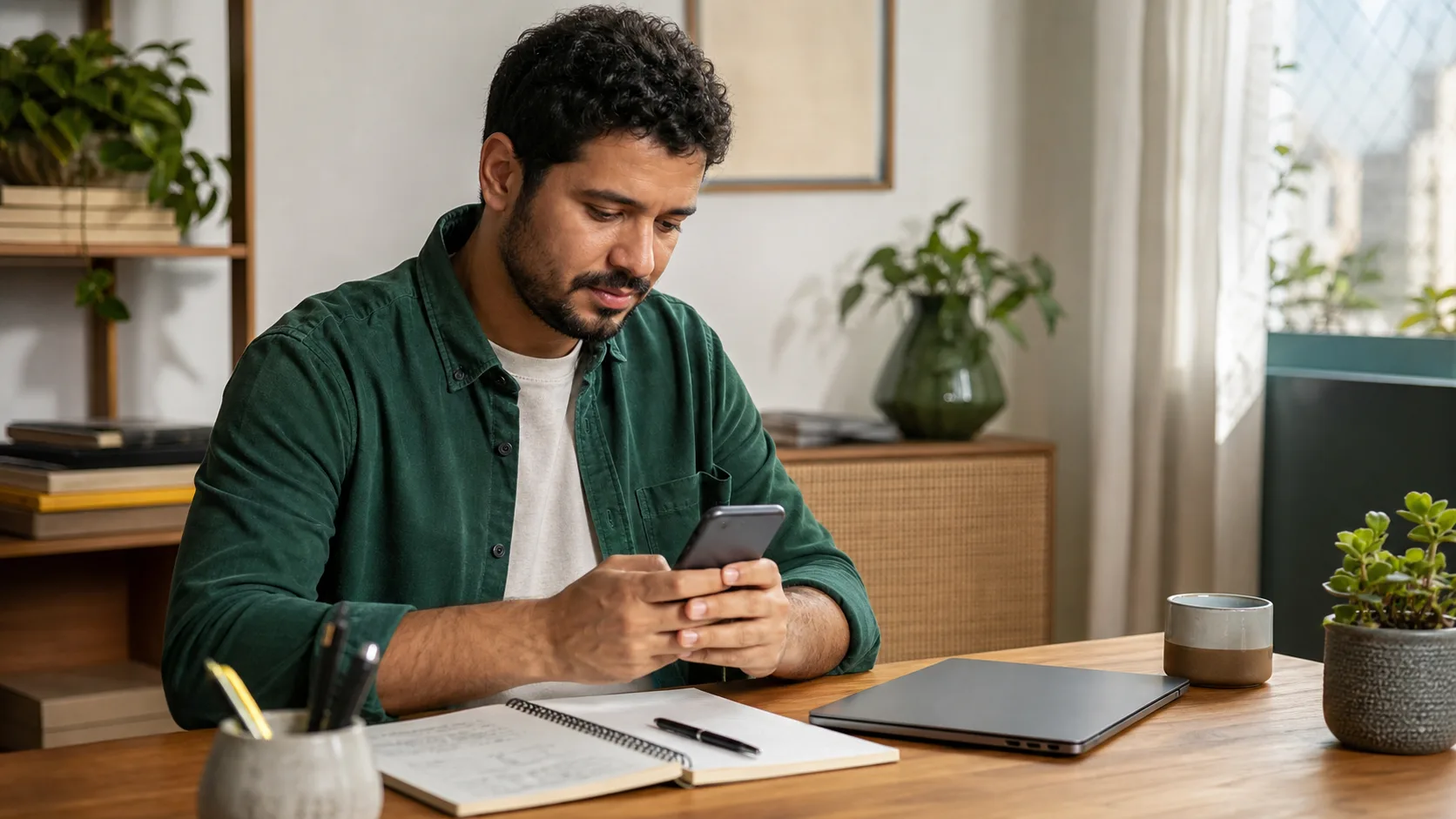 Profissional autônomo preparando uma mensagem de cobrança no celular em seu escritório