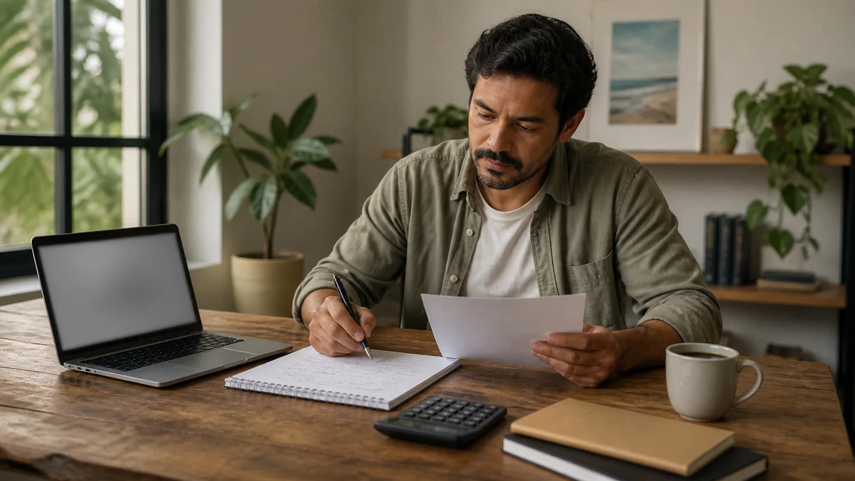 Profissional autônomo calculando um orçamento em uma mesa de trabalho